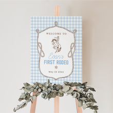 Load image into Gallery viewer, First Rodeo Welcome Sign Boy Cowboy Birthday Blue Gingham Western Party Sign Editable Template 0336