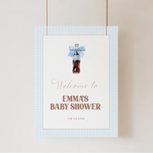 Load image into Gallery viewer, She Is Ready to Pop Baby Shower Welcome Sign Blue Gingham Bow 2039