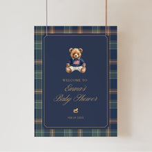 Load image into Gallery viewer, 2036 Navy Plaid Teddy Bear Boy Baby Shower Welcome Sign Template, Digital Download