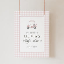 Load image into Gallery viewer, Pink gingham golf cart baby shower welcome sign 2041