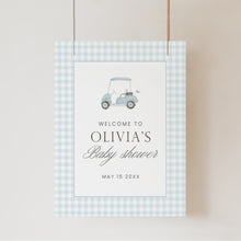 Load image into Gallery viewer, Blue gingham golf cart baby shower welcome sign 2041
