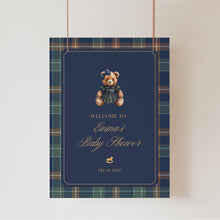 Load image into Gallery viewer, 2036 Navy Plaid Teddy Bear Girl Baby Shower Welcome Sign Template, Digital Download