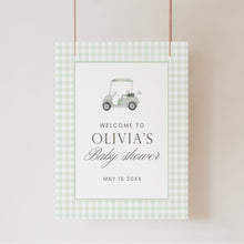 Load image into Gallery viewer, Sage green gingham golf cart baby shower welcome sign 2041