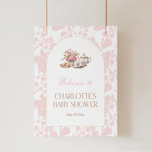 Load image into Gallery viewer, Time for Tea Baby Shower Pink Toile Floral Welcome Sign Template 2023