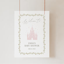 Load image into Gallery viewer, Princess baby shower welcome sign pink floral castle fairy tale coquette girl decor template 2042
