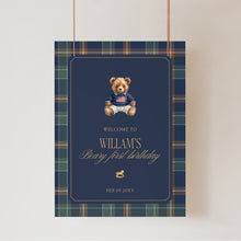 Load image into Gallery viewer, 0327 Navy Plaid Beary First Birthday Welcome Sign Template | Digital Download