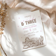 Load image into Gallery viewer, Pink Young Wild and Three Invitation Girl 3rd Birthday Cowboy Western Editable Template 0336