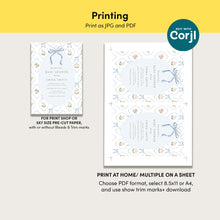 Load image into Gallery viewer, 2037 blue bow coquette whimsical baby shower invite, digital download, editable template