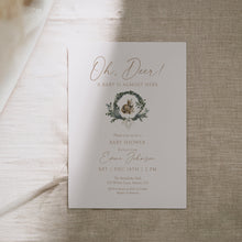 Load image into Gallery viewer, 2024 Oh Deer Baby Shower Invitation, Woodland Winter Baby Shower Invite, Neutral Rustic Forest Baby Shower Printable