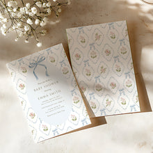 Load image into Gallery viewer, 2037 blue bow coquette whimsical baby shower invite, digital download, editable template