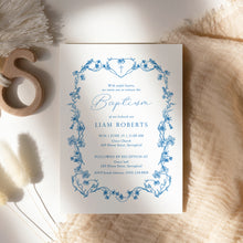 Load image into Gallery viewer, 0501 navy blue floral frame baptism invitation template