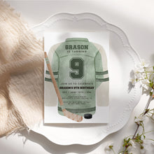 Load image into Gallery viewer, Sage Green Hockey Jersey Birthday Invitation Template for Boys, Watercolor Sports Birthday Invite 0335