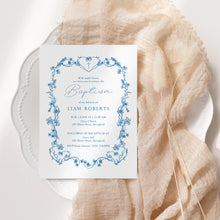 Load image into Gallery viewer, 0501 navy blue floral frame baptism invitation template