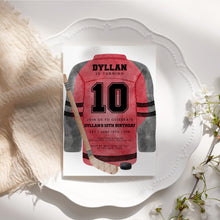 Load image into Gallery viewer, Red Hockey Jersey Birthday Invitation Template for Boys, Watercolor Sports Birthday Invite 0335