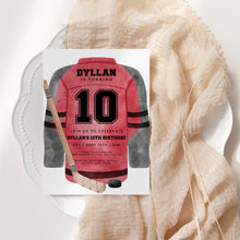 Load image into Gallery viewer, Red Hockey Jersey Birthday Invitation Template for Boys, Watercolor Sports Birthday Invite 0335