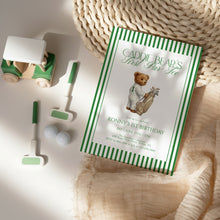Load image into Gallery viewer, 0329 Green gold caddy teddy bear 1st birthday invitation, digital download, Corjl template