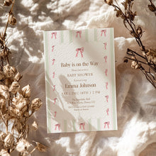 Load image into Gallery viewer, 2024 Pink Bow Baby Shower Invitation, Baby is on the Way, Editable Girl Baby Shower Template, Vintage Stripe Baby Shower Invite