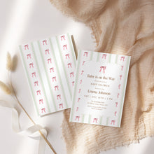 Load image into Gallery viewer, 2024 Pink Bow Baby Shower Invitation, Baby is on the Way, Editable Girl Baby Shower Template, Vintage Stripe Baby Shower Invite