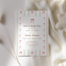 Load image into Gallery viewer, 2024 Pink Bow Baby Shower Invitation, Baby is on the Way, Editable Girl Baby Shower Template, Vintage Stripe Baby Shower Invite