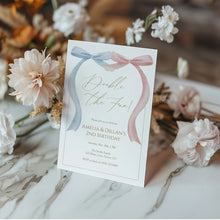 Load image into Gallery viewer, Double the Fun Pink blue bow Twins Invitation, Sibling birthday, editable template, digital download 0324