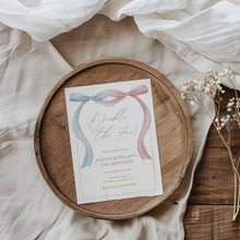 Load image into Gallery viewer, Double the Fun Pink blue bow Twins Invitation, Sibling birthday, editable template, digital download 0324