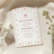 Load image into Gallery viewer, 2024 Pink Bow Baby Shower Invitation, Baby is on the Way, Editable Girl Baby Shower Template, Vintage Stripe Baby Shower Invite