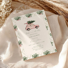 Load image into Gallery viewer, 2024 Pink Car Baby Shower Invitation, Winter Christmas Tree Baby Shower Invite, Baby is on the Way Editable Holiday Template