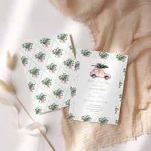 Load image into Gallery viewer, 2024 Pink Car Baby Shower Invitation, Winter Christmas Tree Baby Shower Invite, Baby is on the Way Editable Holiday Template