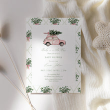 Load image into Gallery viewer, 2024 Pink Car Baby Shower Invitation, Winter Christmas Tree Baby Shower Invite, Baby is on the Way Editable Holiday Template