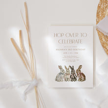 Load image into Gallery viewer, 0328 Hop over to celebrate bunny Easter Spring 3rd birthday invitation, editable template, digital download