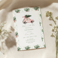 Load image into Gallery viewer, 2024 Pink Car Baby Shower Invitation, Winter Christmas Tree Baby Shower Invite, Baby is on the Way Editable Holiday Template