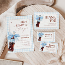 Load image into Gallery viewer, She Is Ready to Pop Baby Shower Invite Blue Gingham Bow Mini Set Template 2039