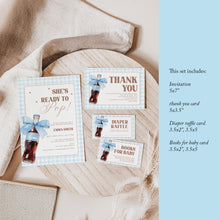 Load image into Gallery viewer, She Is Ready to Pop Baby Shower Invite Blue Gingham Bow Mini Set Template 2039