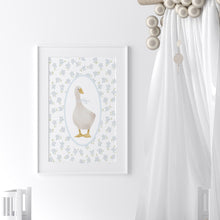 Load image into Gallery viewer, Watercolor whimsical blue daisy with silly goose art print 07-276