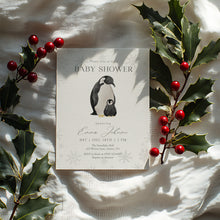 Load image into Gallery viewer, 2029 Winter Penguin Baby Shower Invitation: Christmas Holiday Theme (Digital Download)