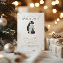 Load image into Gallery viewer, 2029 Winter Penguin Baby Shower Invitation: Christmas Holiday Theme (Digital Download)