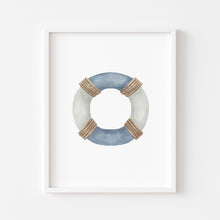 Load image into Gallery viewer, Coastal watercolor blue life preserver art print 07-119