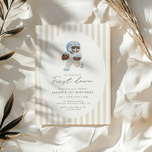 Load image into Gallery viewer, Light Blue Teddy Bear 1st Year down Football Birthday Invitation, Digital Download 0325