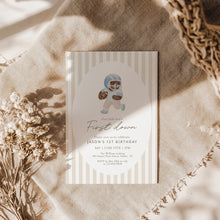 Load image into Gallery viewer, Light Blue Teddy Bear 1st Year down Football Birthday Invitation, Digital Download 0325