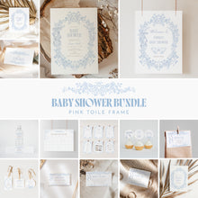 Load image into Gallery viewer, Blue Toile Baby Shower Party Template Bundle Coquette Bow Floral Set 2040