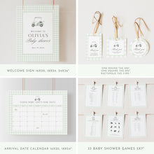 Load image into Gallery viewer, Sage green Golf cart baby shower party invitation bundle 2041