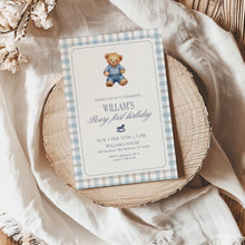 Load image into Gallery viewer, 0327 Teddy Bear First Birthday Invite | Editable Blue Gingham Template | Digital Download