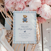 Load image into Gallery viewer, 0327 Teddy Bear First Birthday Invite | Editable Blue Gingham Template | Digital Download