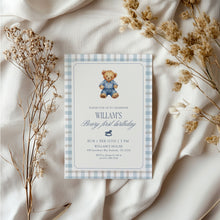 Load image into Gallery viewer, 0327 Teddy Bear First Birthday Invite | Editable Blue Gingham Template | Digital Download