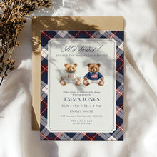 Load image into Gallery viewer, 2036 Teddy Bear Vintage Plaid Twin brothers Bearly Wait Baby Shower Invite, Digital Download