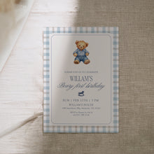 Load image into Gallery viewer, 0327 Teddy Bear First Birthday Invite | Editable Blue Gingham Template | Digital Download
