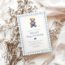 Load image into Gallery viewer, 0327 Teddy Bear First Birthday Invite | Editable Blue Gingham Template | Digital Download