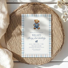 Load image into Gallery viewer, 0327 Teddy Bear First Birthday Invite | Editable Blue Gingham Template | Digital Download