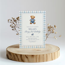 Load image into Gallery viewer, 0327 Teddy Bear First Birthday Invite | Editable Blue Gingham Template | Digital Download