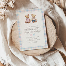 Load image into Gallery viewer, 0327 Beary First Teddy Bear Birthday Invite | Blue pink siblings Editable Template | Digital Download